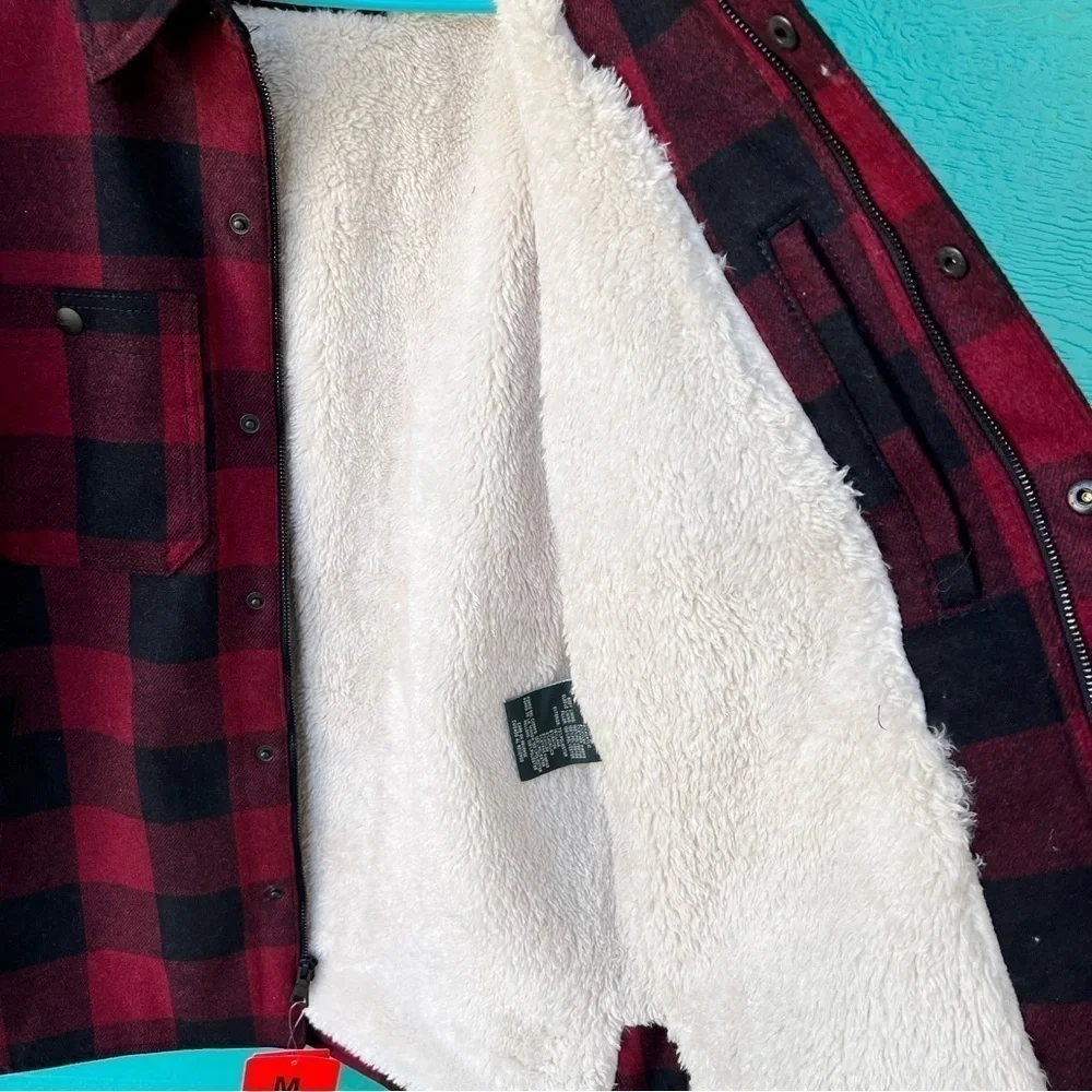 G.H. BASS WOOL BLEND SHERPA LINED SNAP ZIPPER BUFFALO RED BLACK CHECK JACKET M
